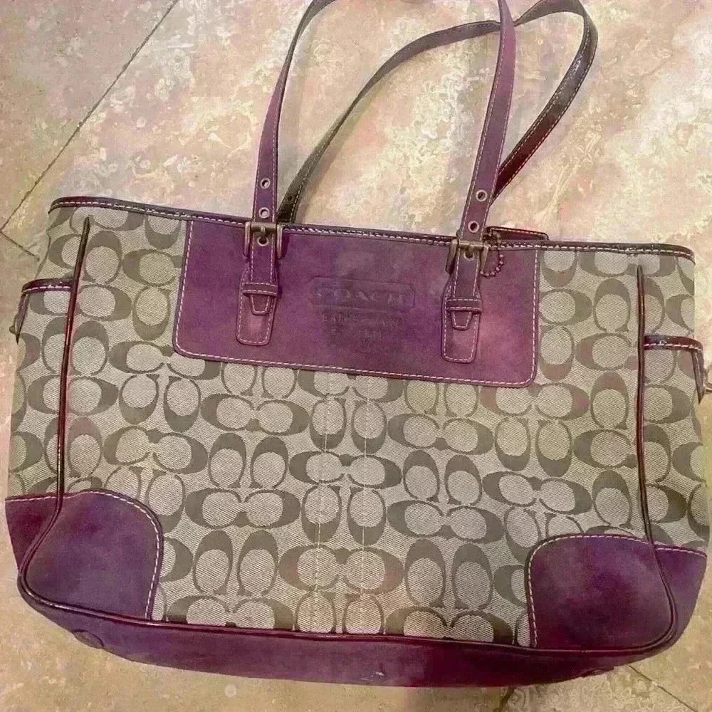Coach Signature Jacquard Shoulder Tote Bag Magenta Brown/Purple. Gently loved.